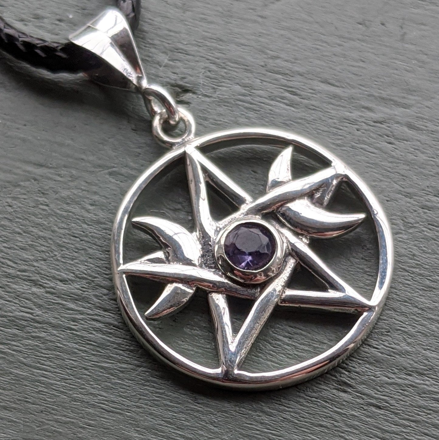 Finest 925 sterling silver triple moon pentagram with faceted amethyst gemstone pendant