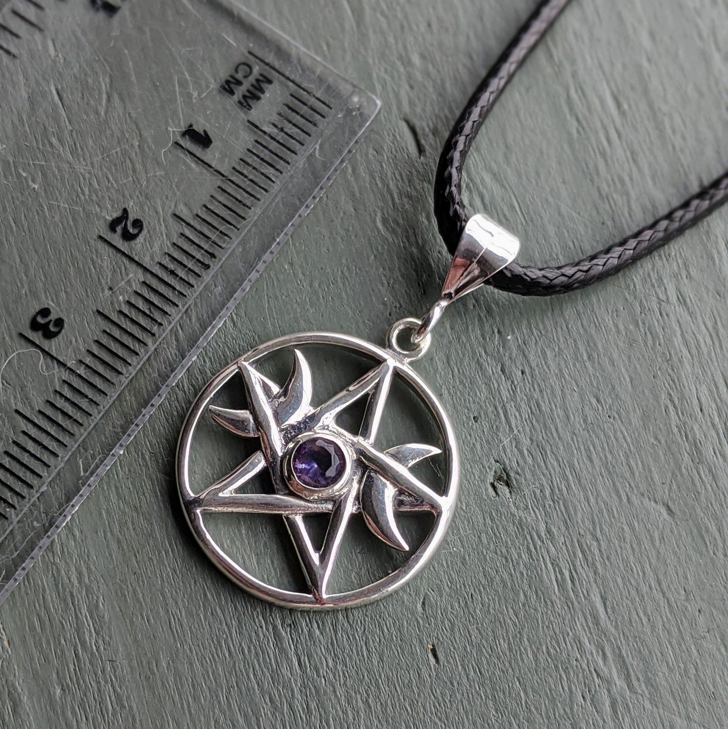 Finest 925 sterling silver triple moon pentagram with faceted amethyst gemstone pendant