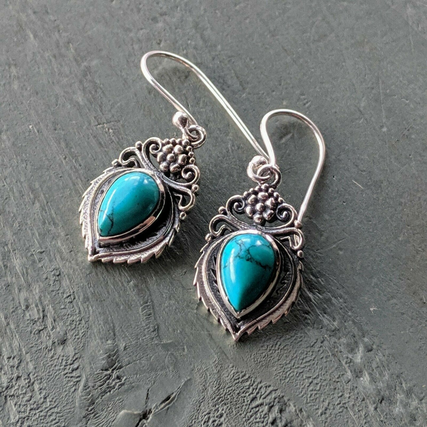 Ornate Turquoise Solid 925 Sterling Silver Stamped hook Earrings boho chic