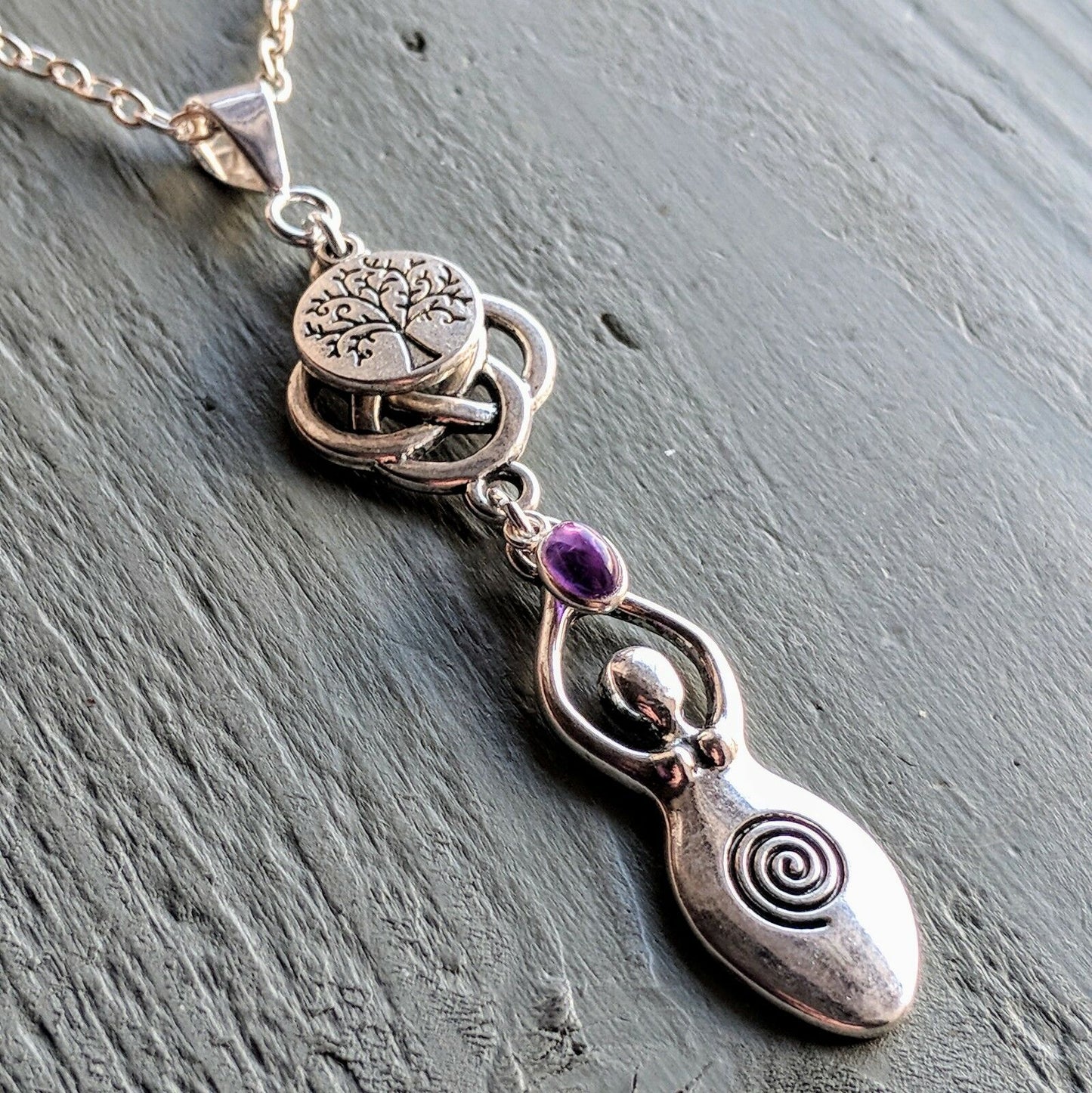 Celtic Knot Tree of Life & Amethyst Large Goddess Pendant Necklace Wicca Pagan
