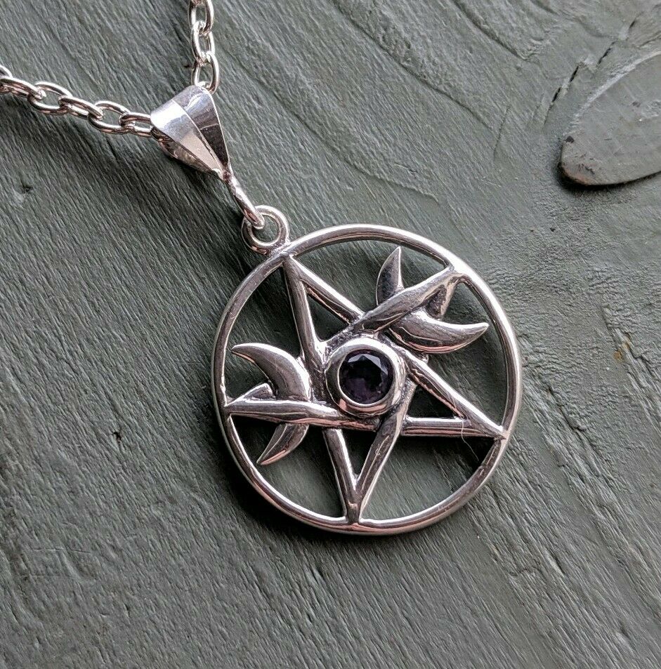 Solid 925 Sterling Silver Faceted Amethyst Pentagram Triple Moon Pendant Wicca