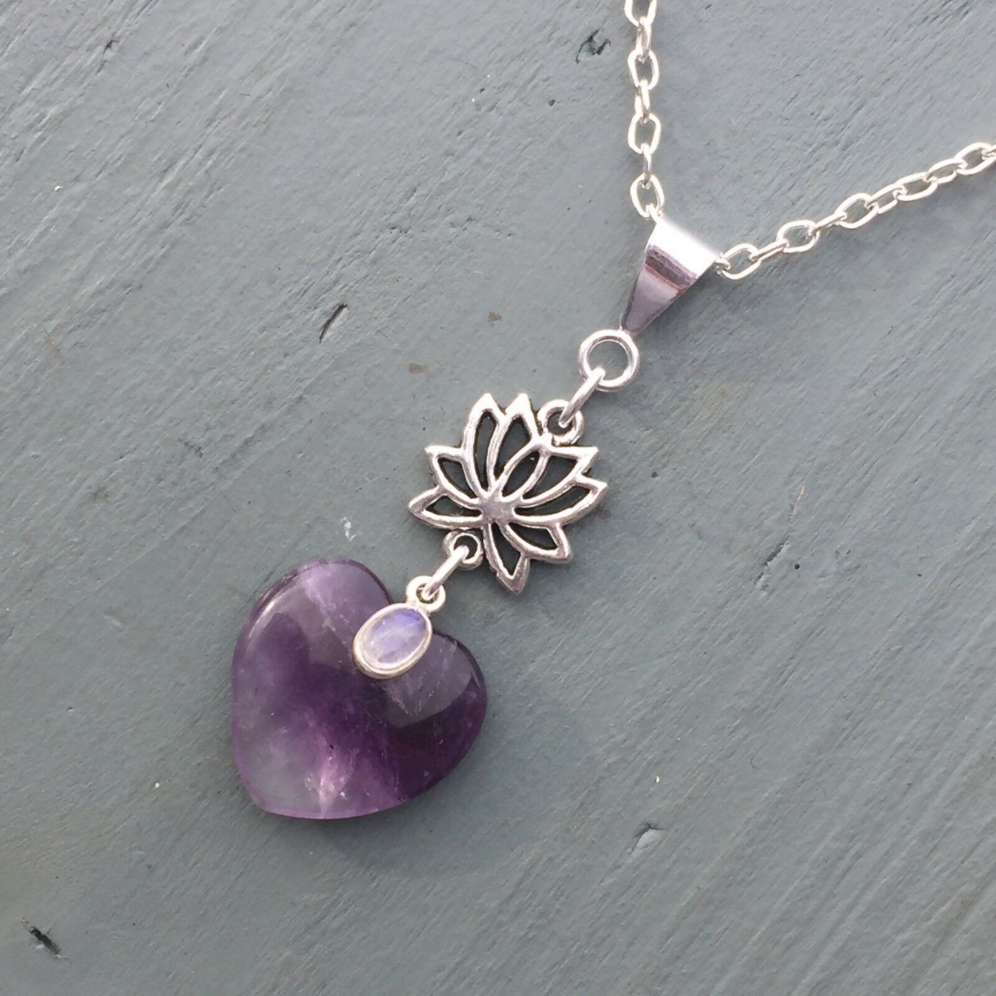 Amethyst Heart & Rainbow Moonstone Lotus Flower Pendant Chakra Reiki THIRD EYE