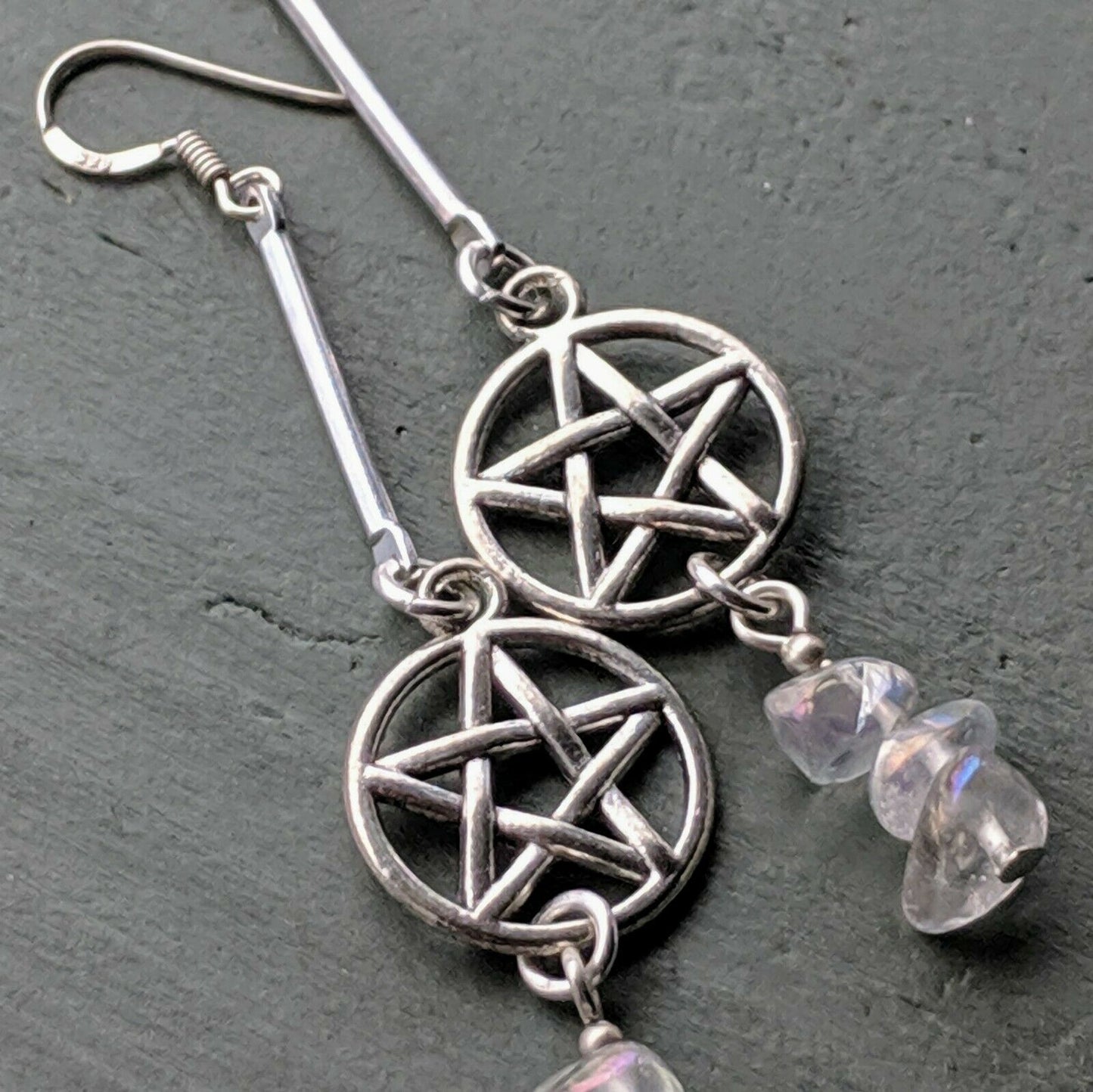Opal Aura Quartz Pentagram Costume Earrings with 925 Sterling Silver Hooks