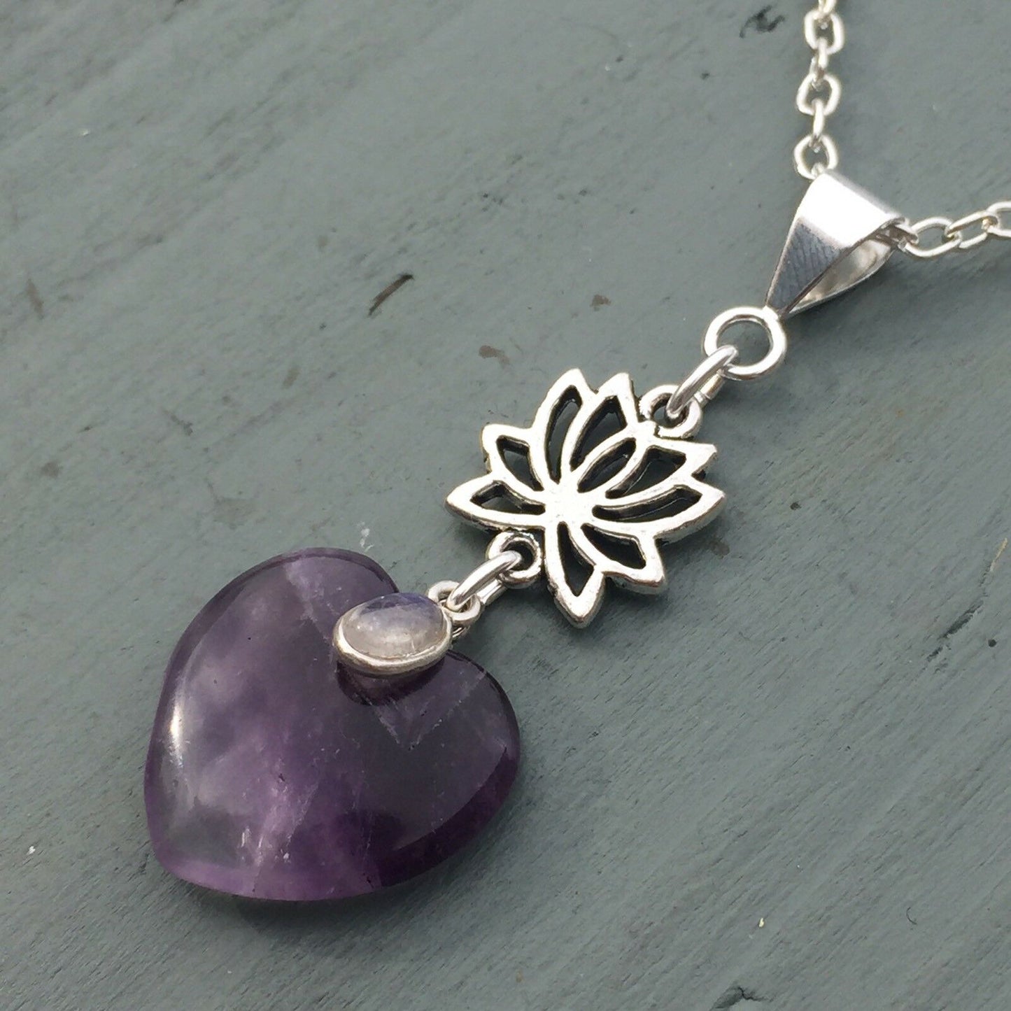 Amethyst Heart & Rainbow Moonstone Lotus Flower Pendant Chakra Reiki THIRD EYE