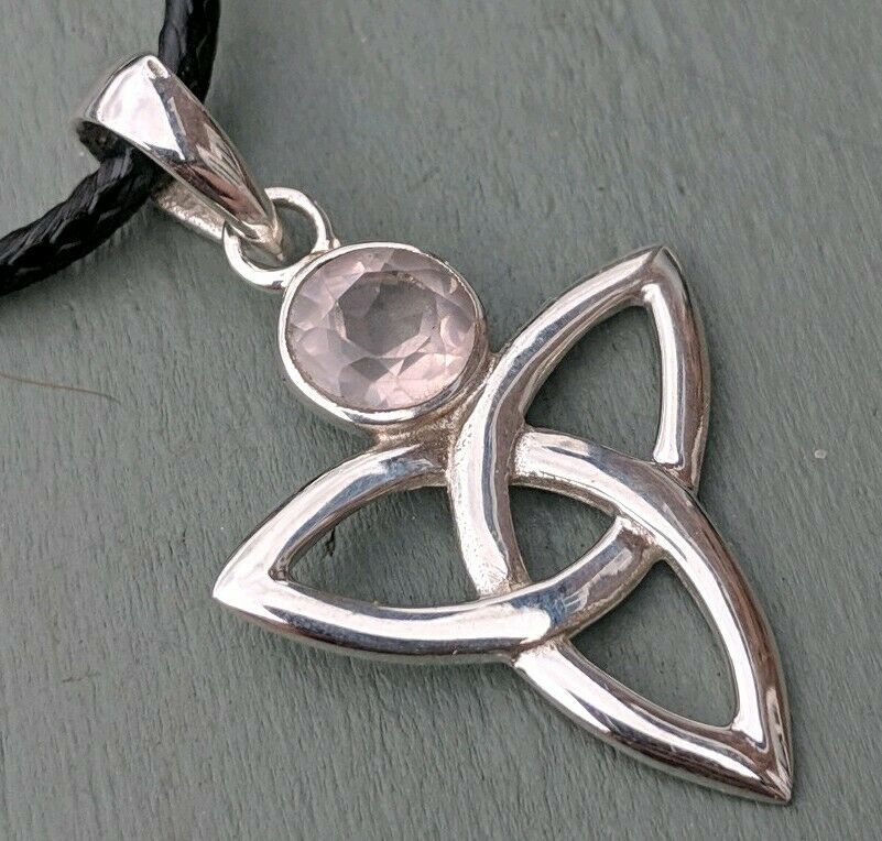 Large 925 Sterling Silver Triquetra & Faceted Rose Quartz Pendant Pagan Wicca