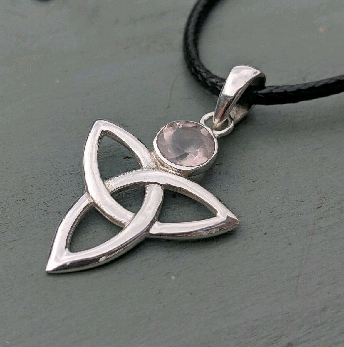 Large 925 Sterling Silver Triquetra & Faceted Rose Quartz Pendant Pagan Wicca