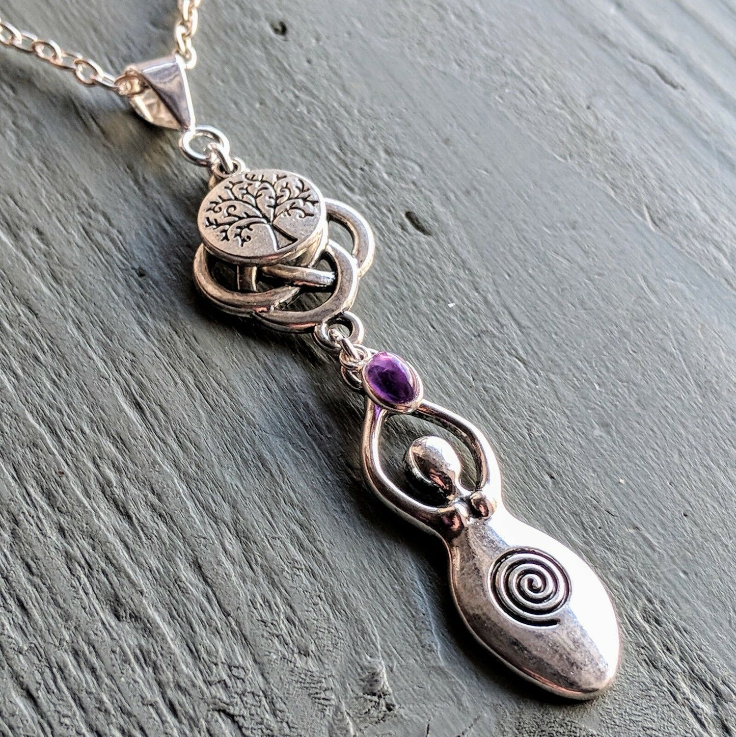 Celtic Knot Tree of Life & Amethyst Large Goddess Pendant Necklace Wicca Pagan