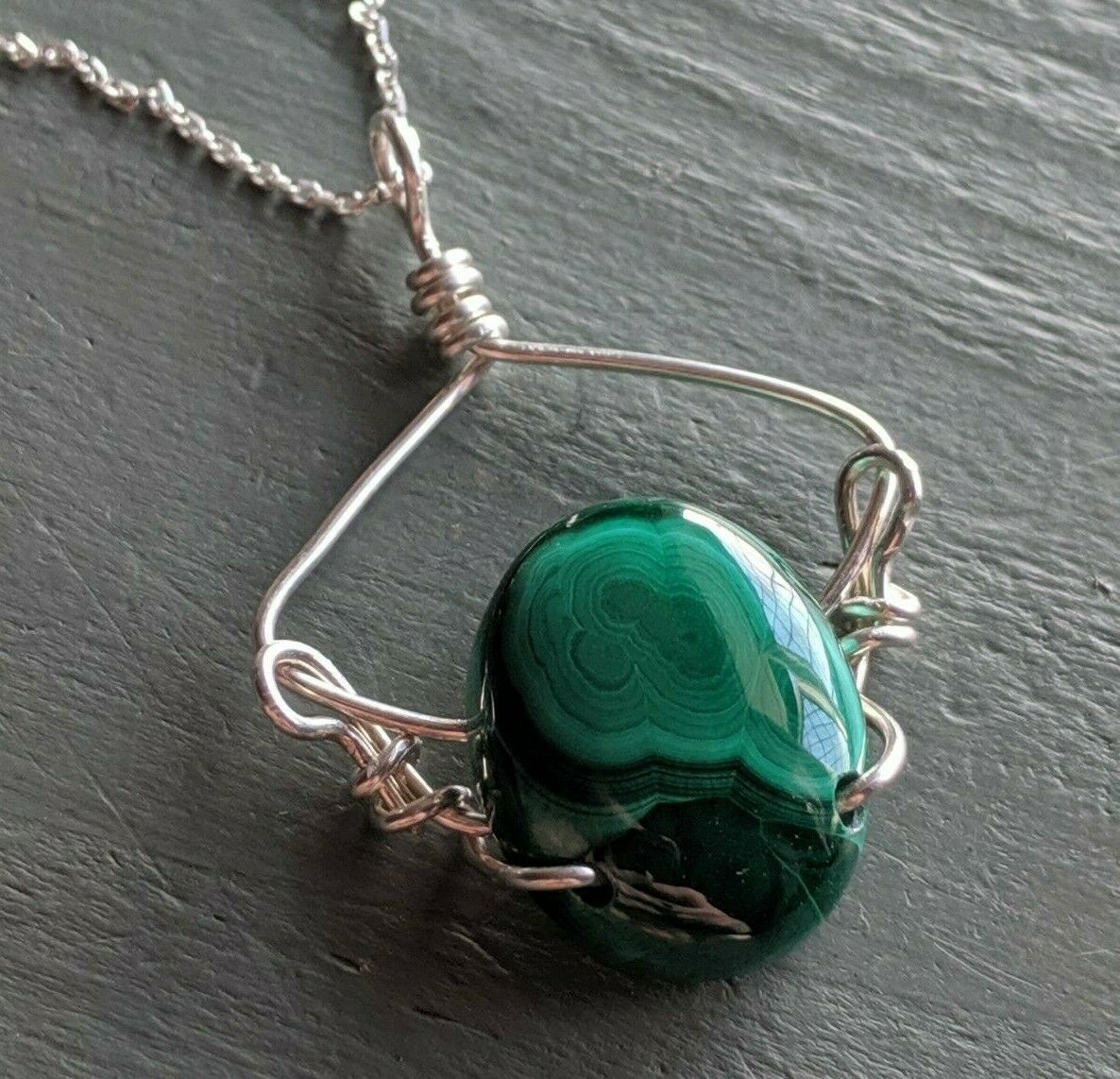 Handmade 925 Sterling Silver malachite wire wrap Pendant necklace - Box & chain
