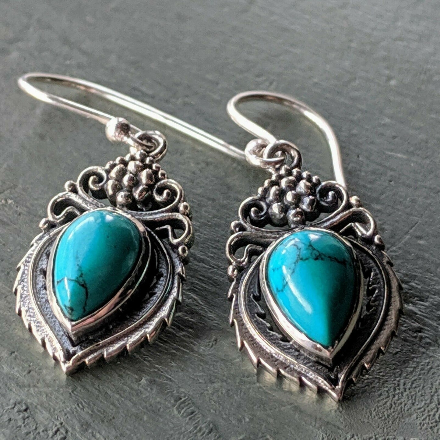 Ornate Turquoise Solid 925 Sterling Silver Stamped hook Earrings boho chic