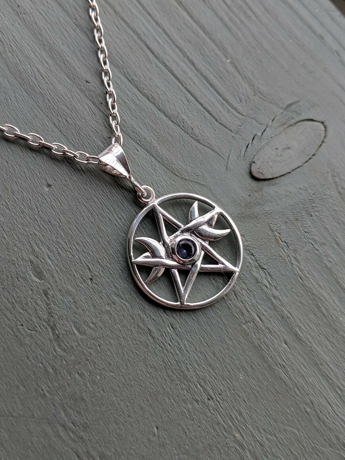 Solid 925 Sterling Silver Faceted Amethyst Pentagram Triple Moon Pendant Wicca