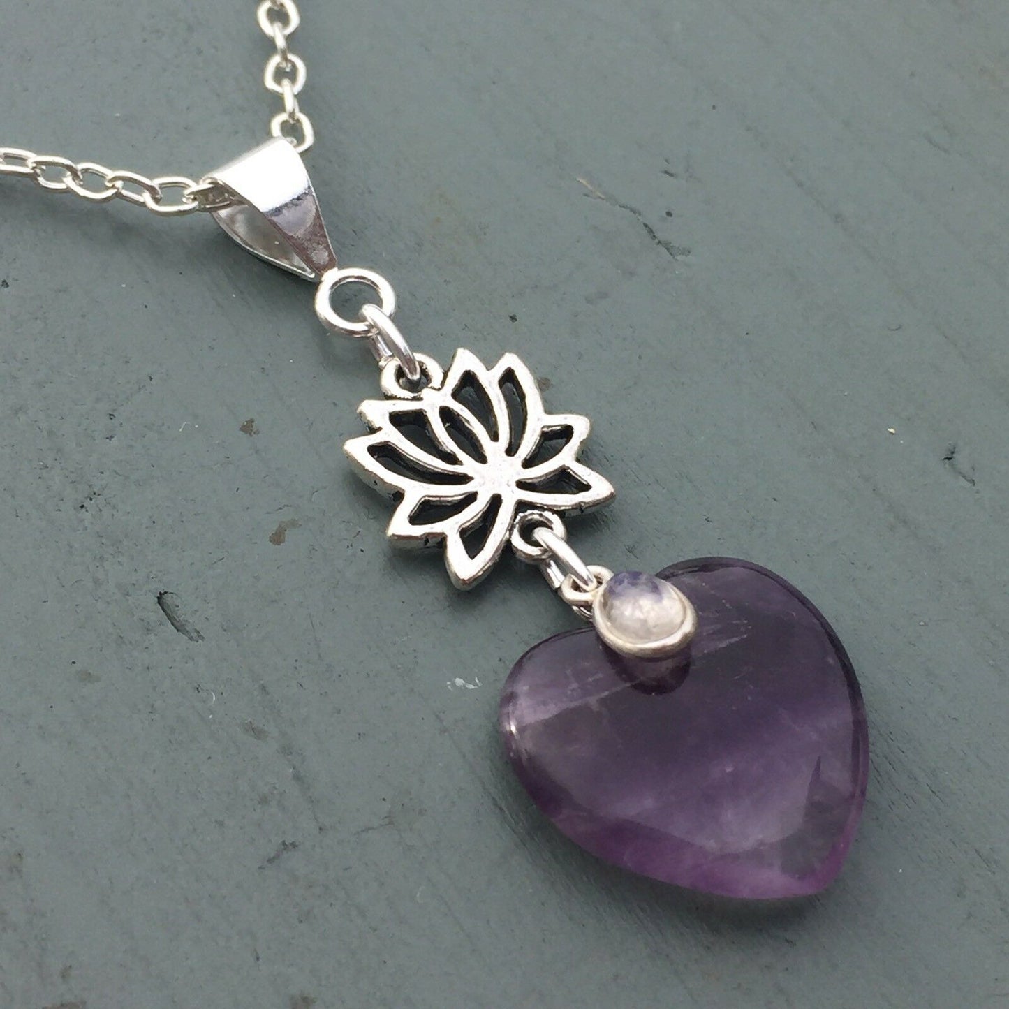 Amethyst Heart & Rainbow Moonstone Lotus Flower Pendant Chakra Reiki THIRD EYE