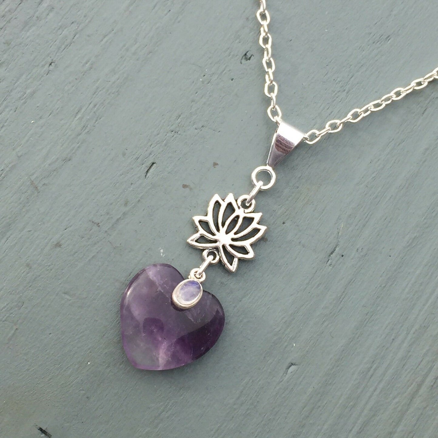 Amethyst Heart & Rainbow Moonstone Lotus Flower Pendant Chakra Reiki THIRD EYE