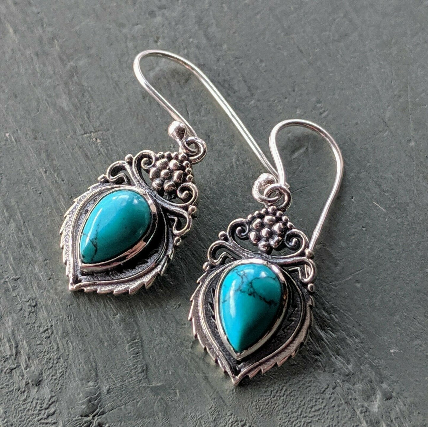 Ornate Turquoise Solid 925 Sterling Silver Stamped hook Earrings boho chic