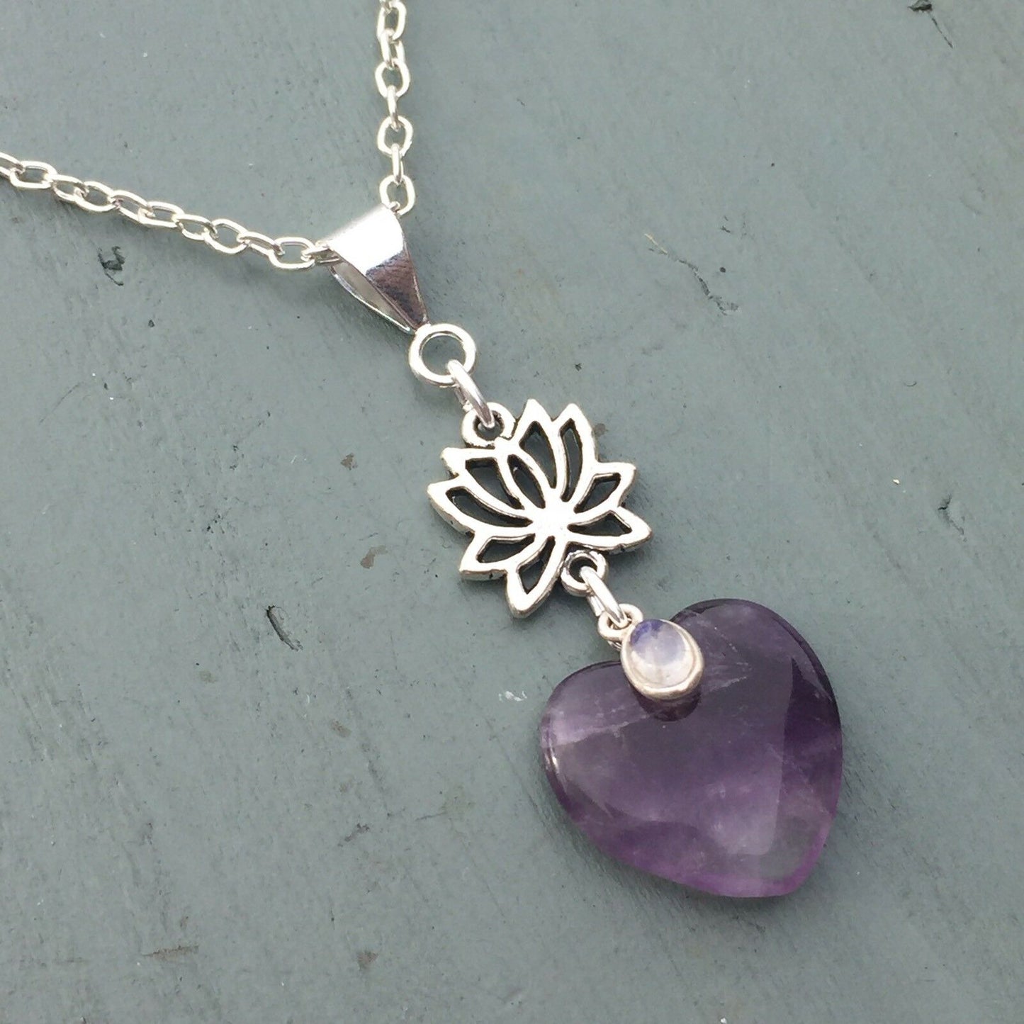 Amethyst Heart & Rainbow Moonstone Lotus Flower Pendant Chakra Reiki THIRD EYE