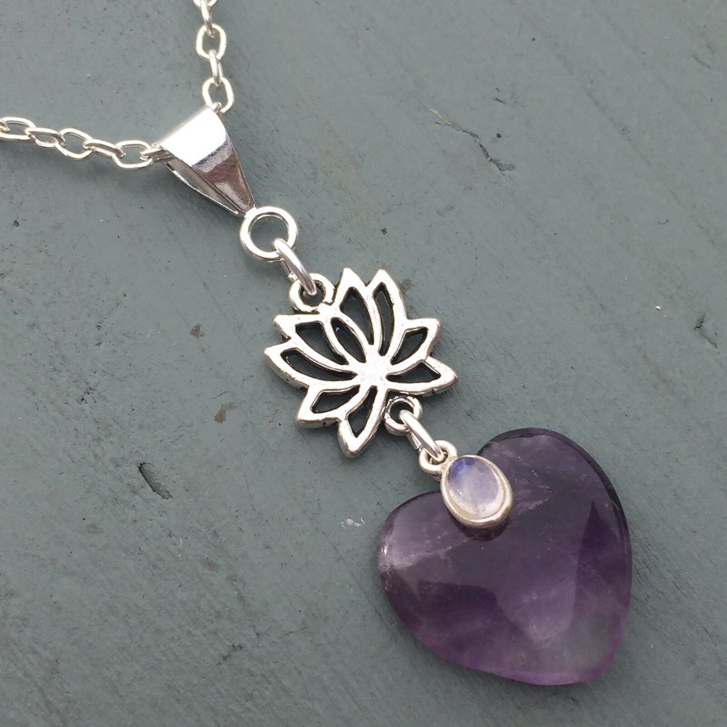 Amethyst Heart & Rainbow Moonstone Lotus Flower Pendant Chakra Reiki THIRD EYE