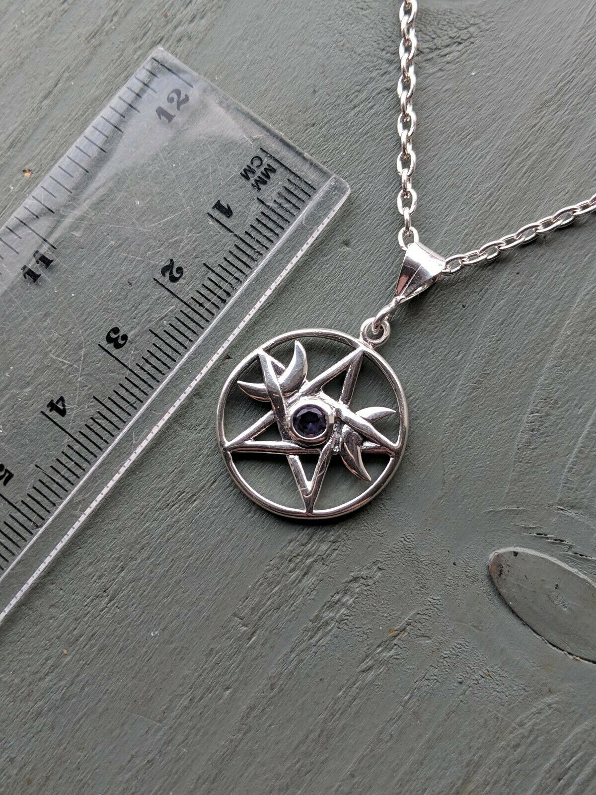 Solid 925 Sterling Silver Faceted Amethyst Pentagram Triple Moon Pendant Wicca