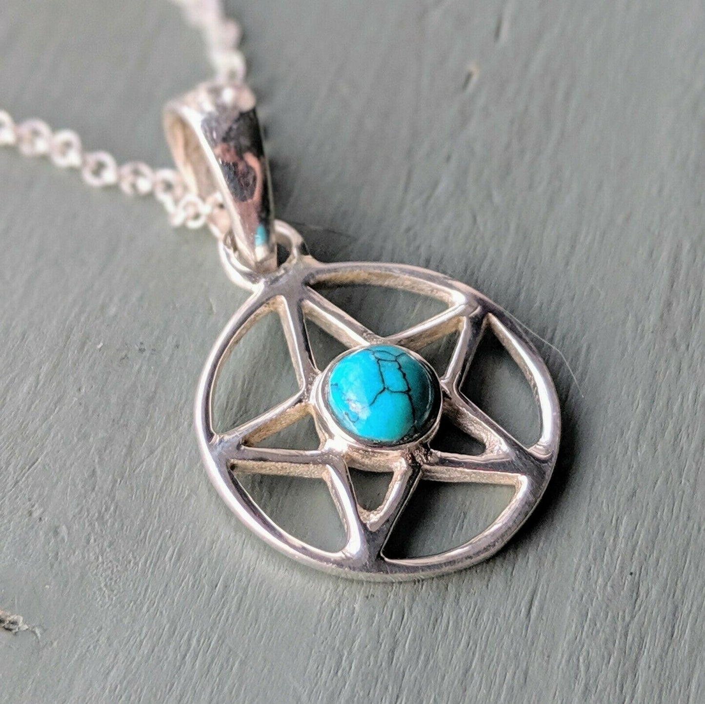 925 Sterling Silver Turquoise Pentagram Pendant, Chain & Gift Box Wicca Pagan