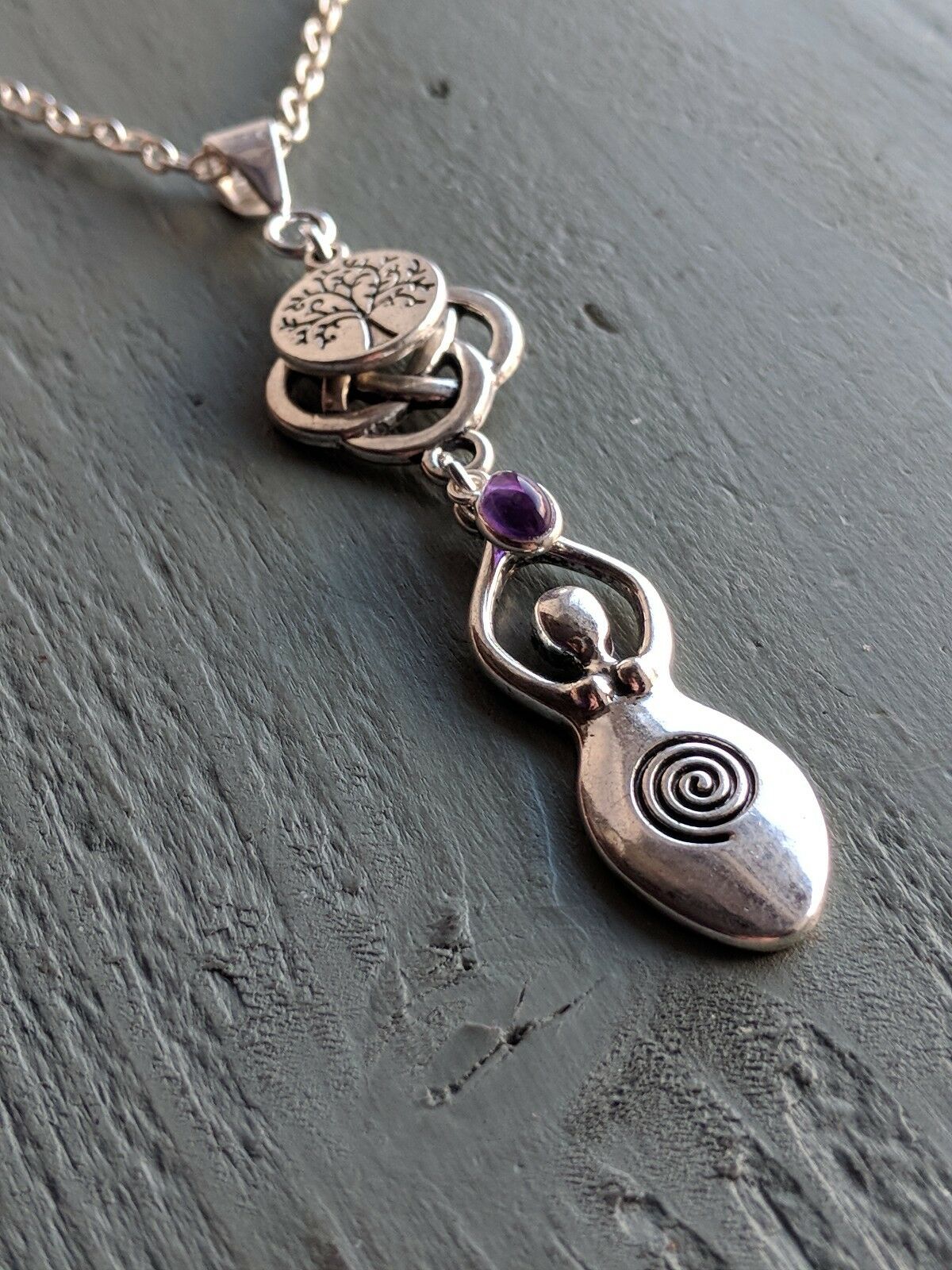 Celtic Knot Tree of Life & Amethyst Large Goddess Pendant Necklace Wicca Pagan