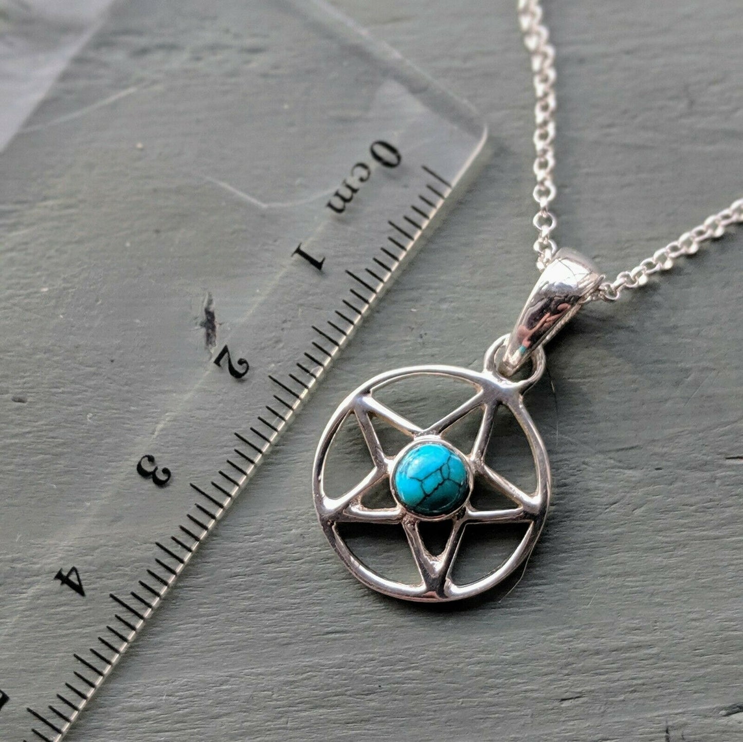 925 Sterling Silver Turquoise Pentagram Pendant, Chain & Gift Box Wicca Pagan