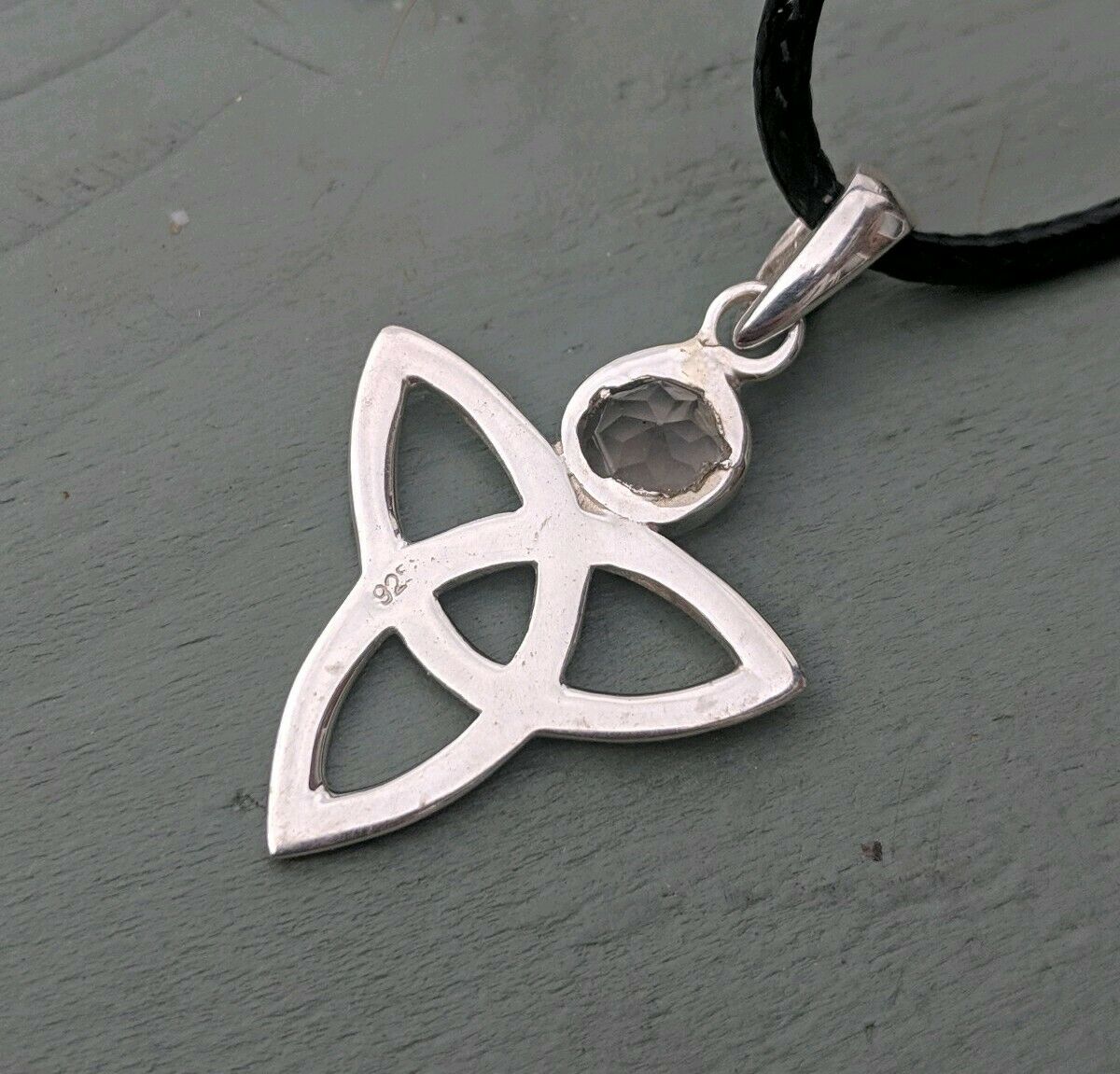 Large 925 Sterling Silver Triquetra & Faceted Rose Quartz Pendant Pagan Wicca