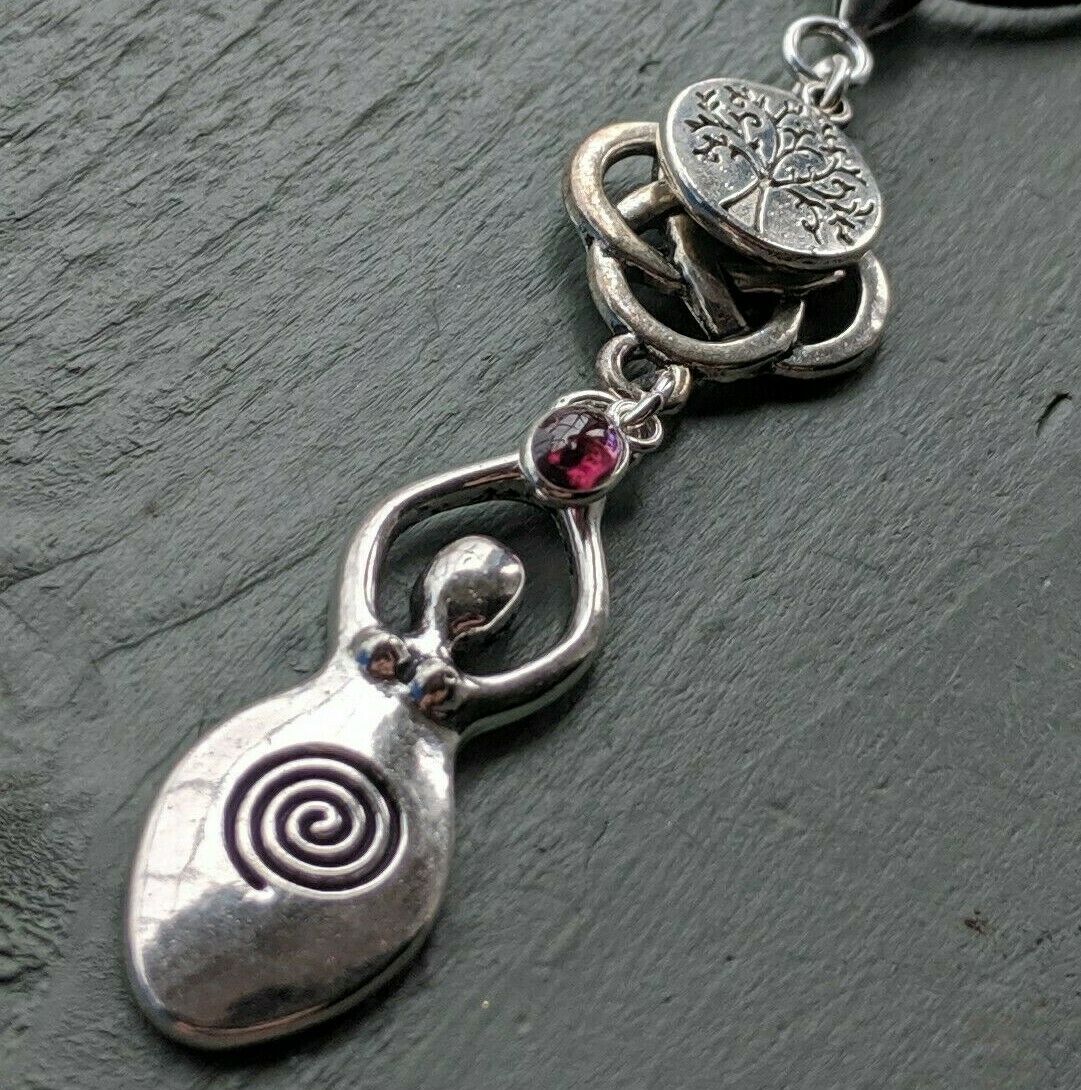 Celtic Knot, Tree of Life, Large Goddess & Garnet Pendant Chakra Wicca Pagan