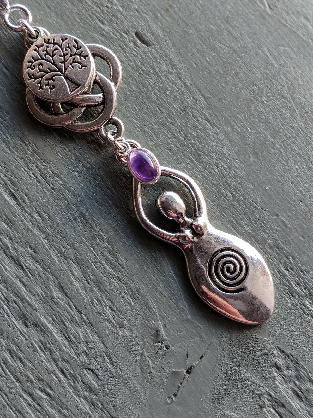 Celtic Knot Tree of Life & Amethyst Large Goddess Pendant Necklace Wicca Pagan
