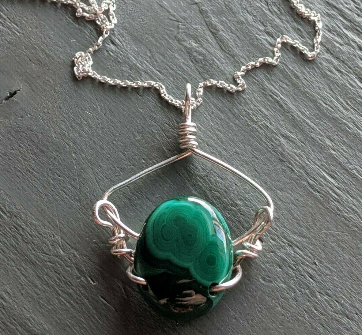 Handmade 925 Sterling Silver malachite wire wrap Pendant necklace - Box & chain