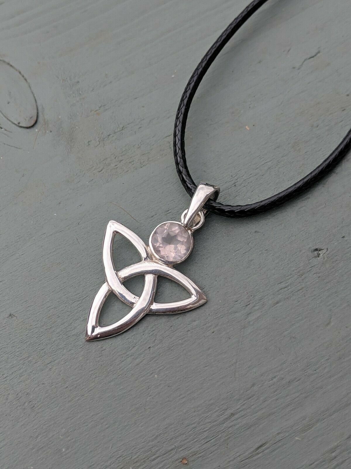 Large 925 Sterling Silver Triquetra & Faceted Rose Quartz Pendant Pagan Wicca