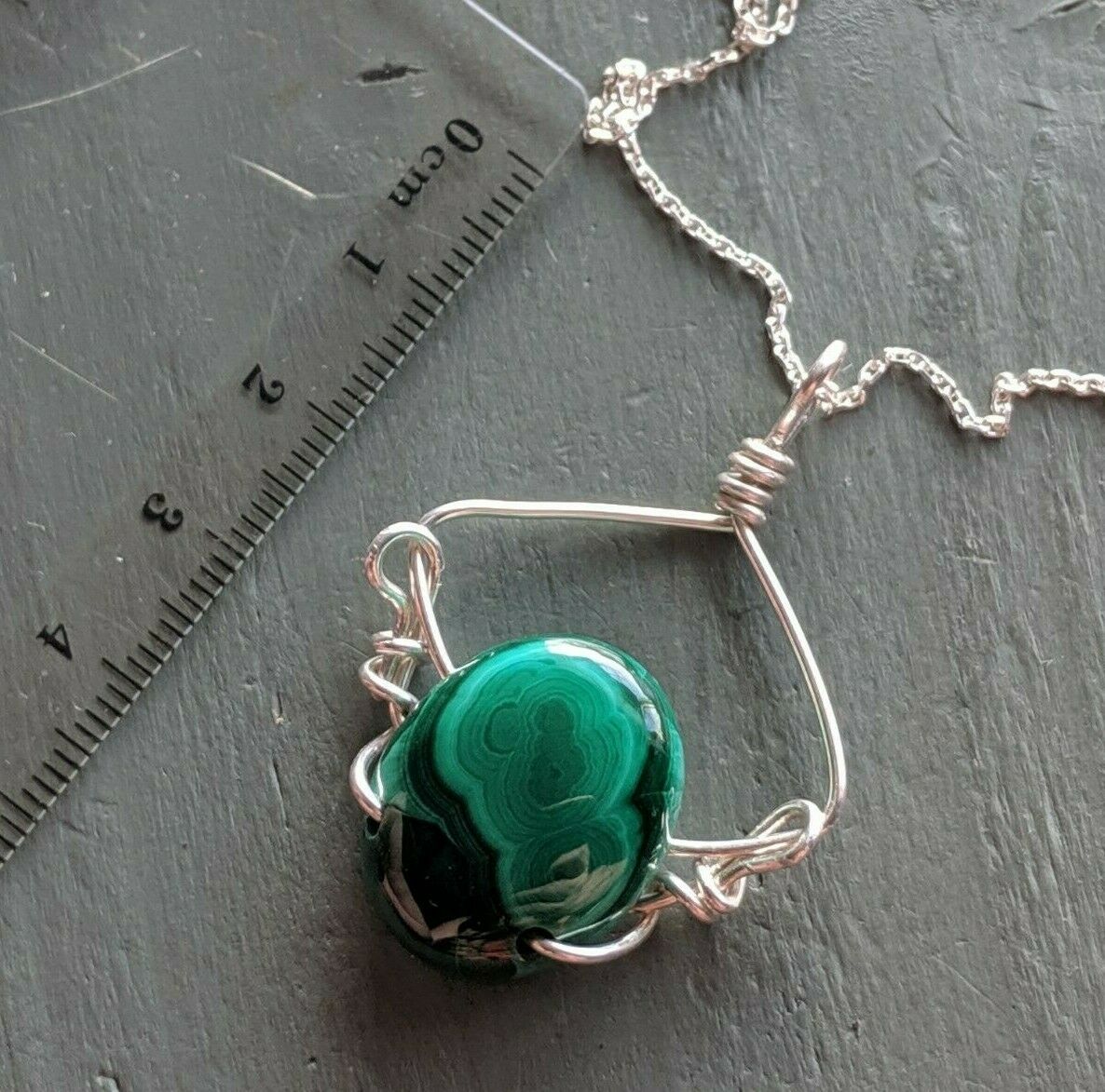 Handmade 925 Sterling Silver malachite wire wrap Pendant necklace - Box & chain