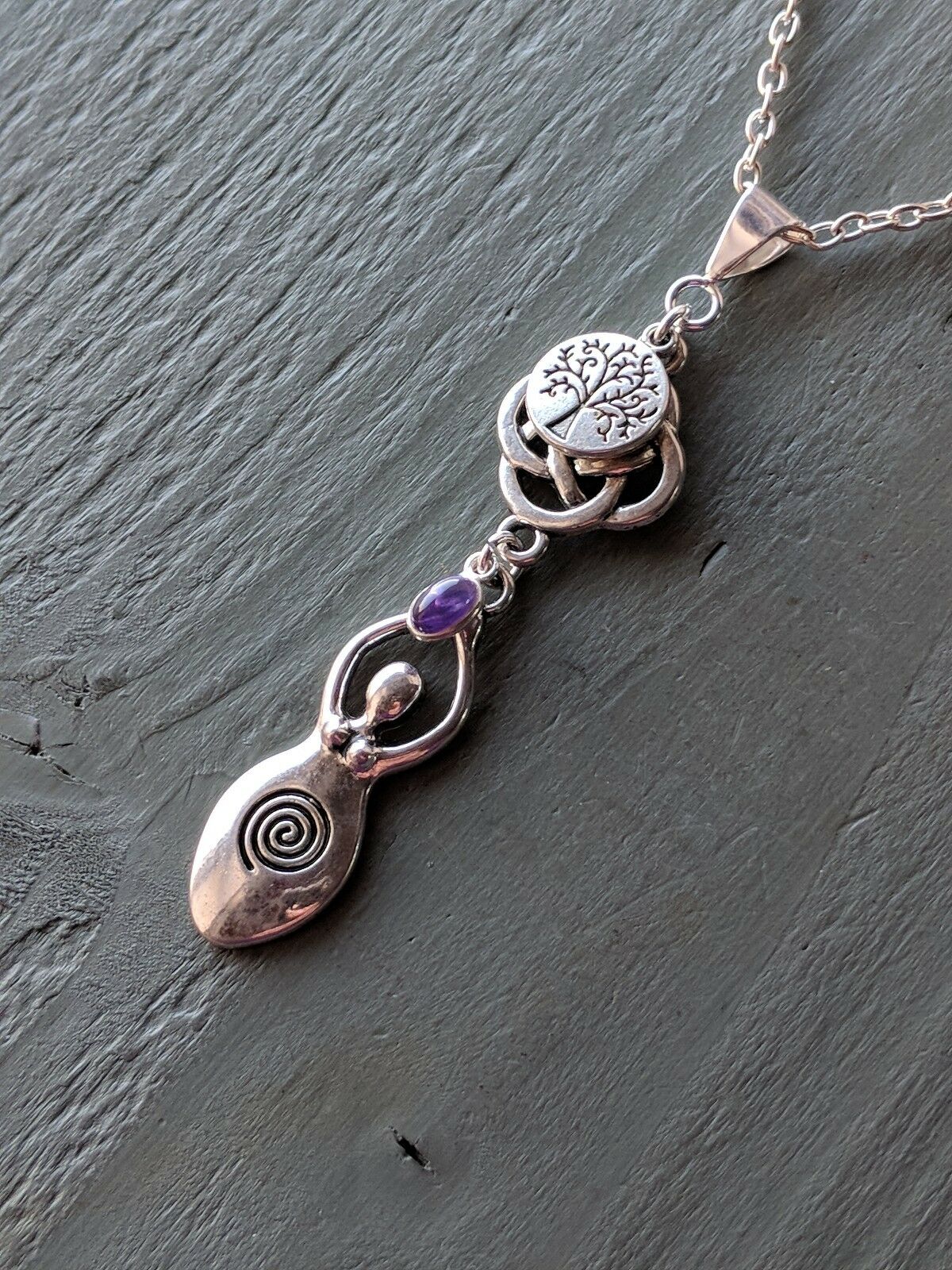 Celtic Knot Tree of Life & Amethyst Large Goddess Pendant Necklace Wicca Pagan