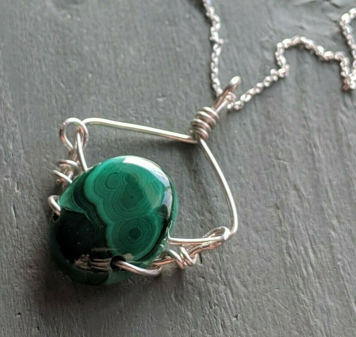 Handmade 925 Sterling Silver malachite wire wrap Pendant necklace - Box & chain
