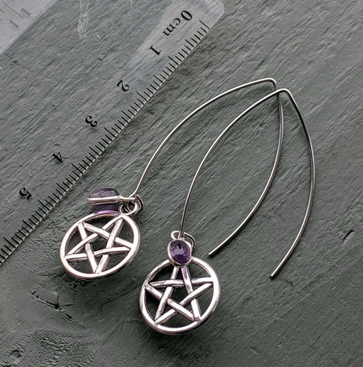 Long Amethyst and Pentagram Costume Earrings