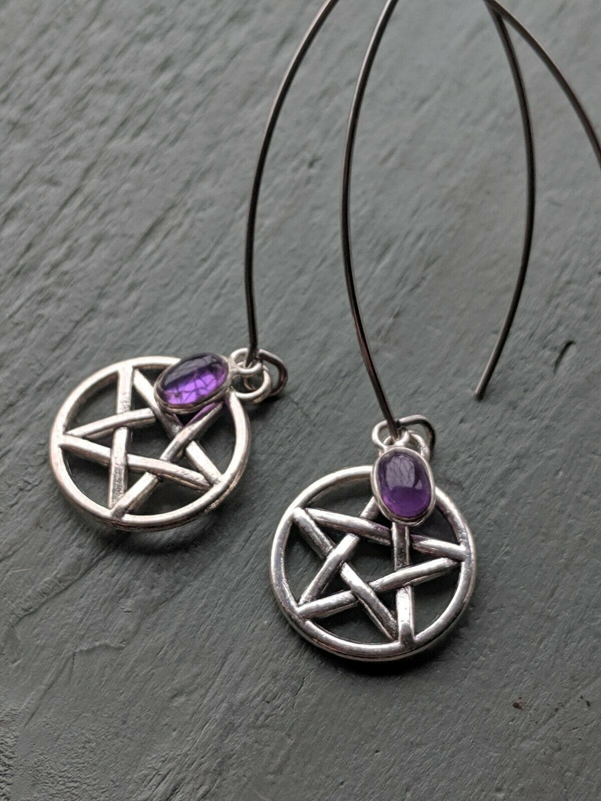 Long Amethyst and Pentagram Costume Earrings