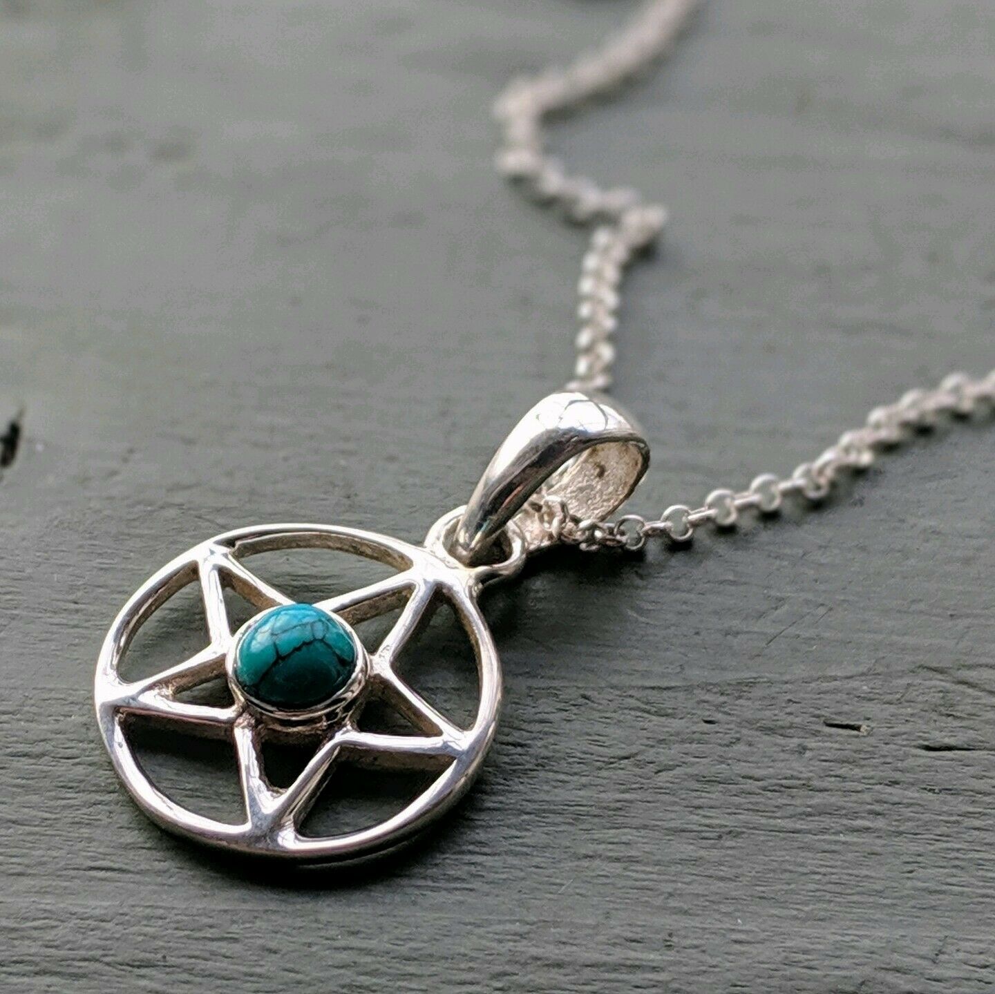 925 Sterling Silver Turquoise Pentagram Pendant, Chain & Gift Box Wicca Pagan