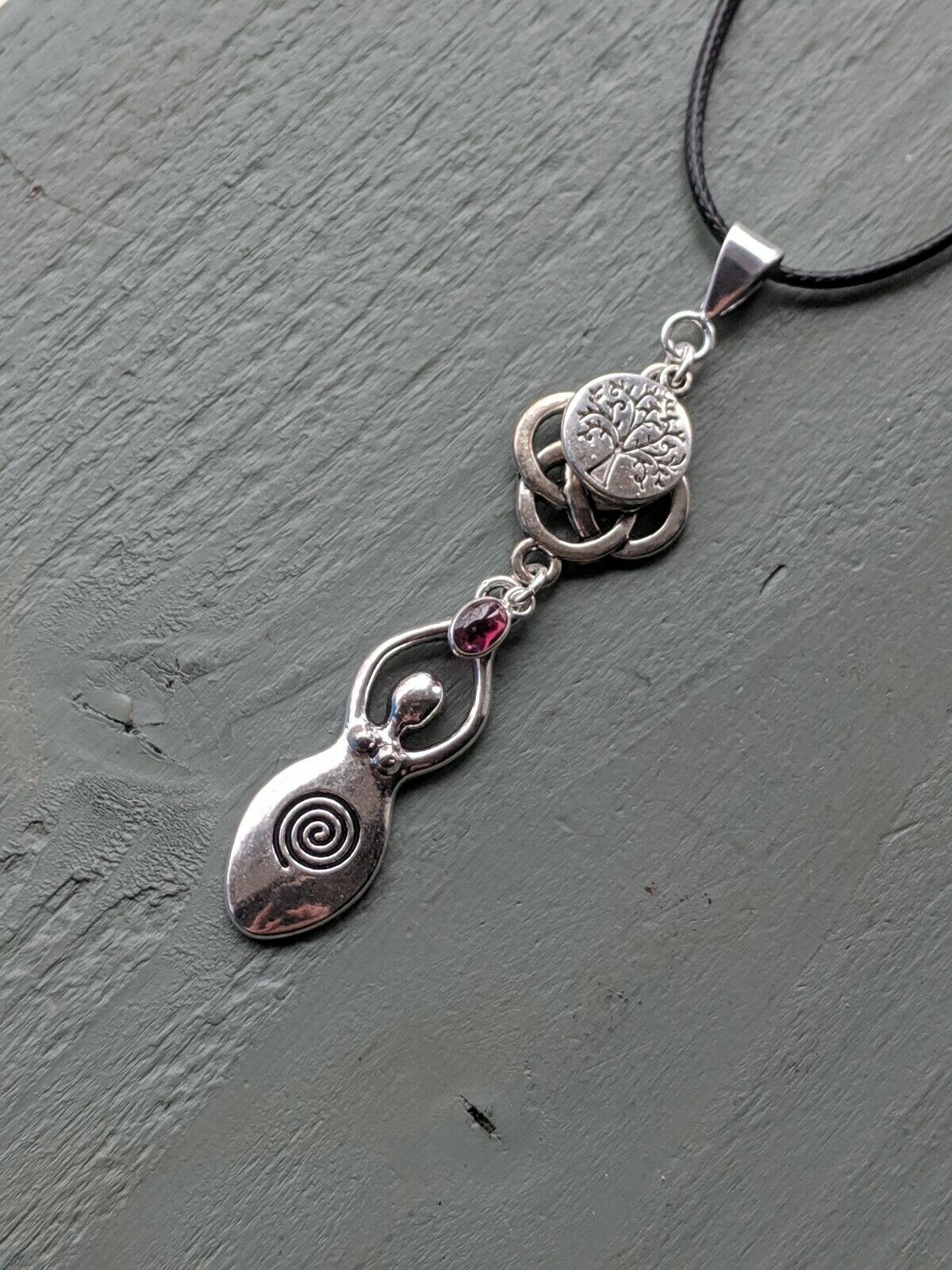 Celtic Knot, Tree of Life, Large Goddess & Garnet Pendant Chakra Wicca Pagan
