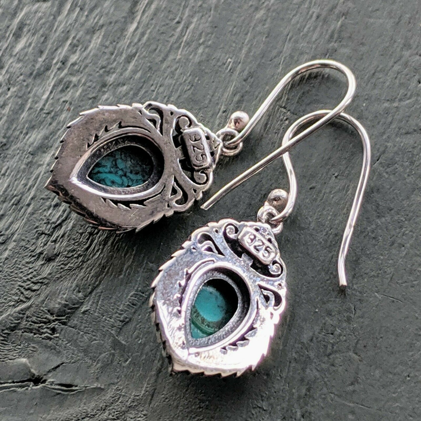 Ornate Turquoise Solid 925 Sterling Silver Stamped hook Earrings boho chic