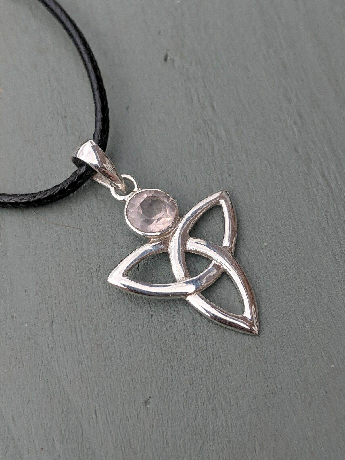 Large 925 Sterling Silver Triquetra & Faceted Rose Quartz Pendant Pagan Wicca