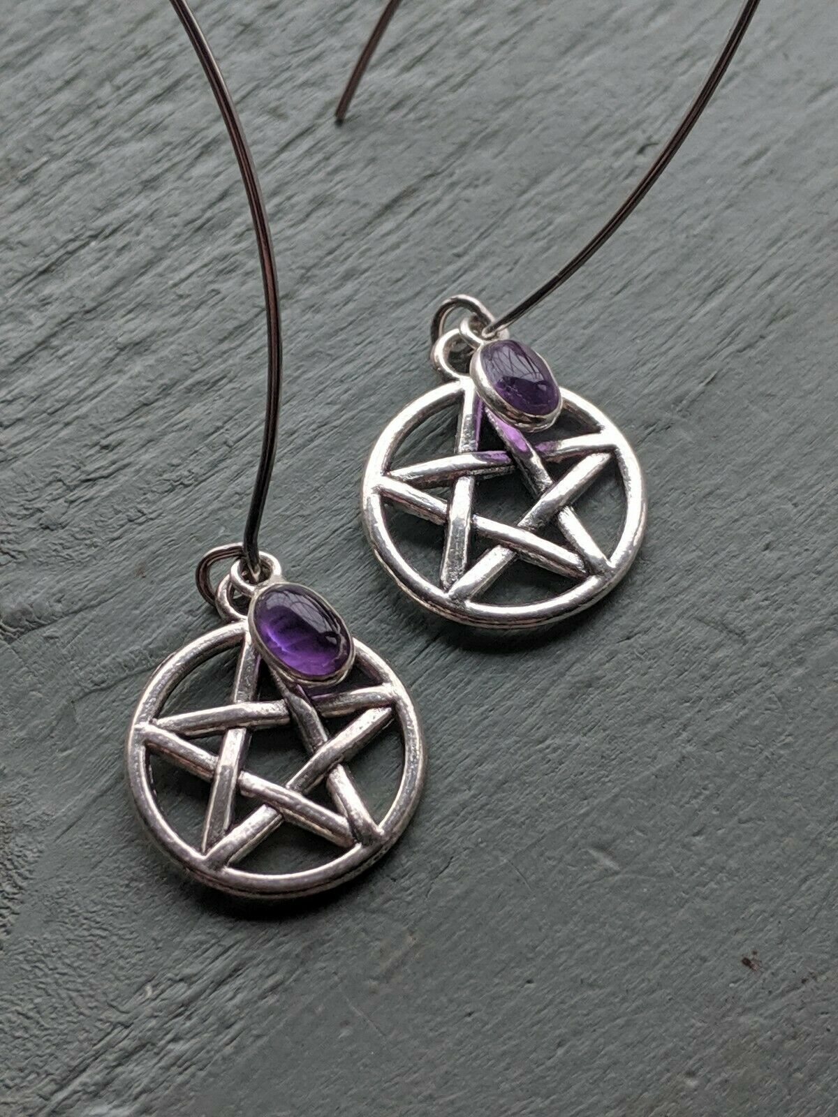 Long Amethyst and Pentagram Costume Earrings