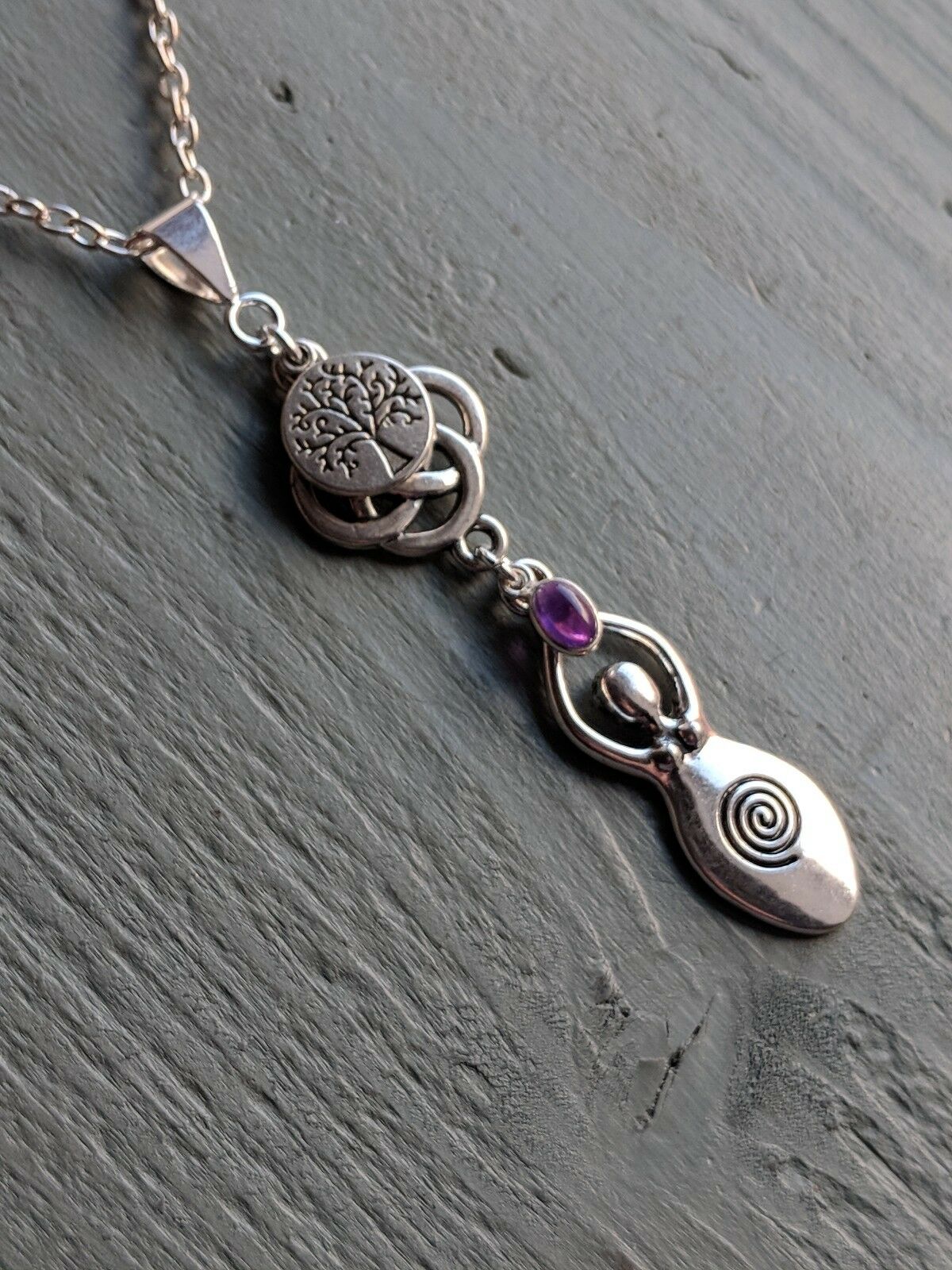 Celtic Knot Tree of Life & Amethyst Large Goddess Pendant Necklace Wicca Pagan