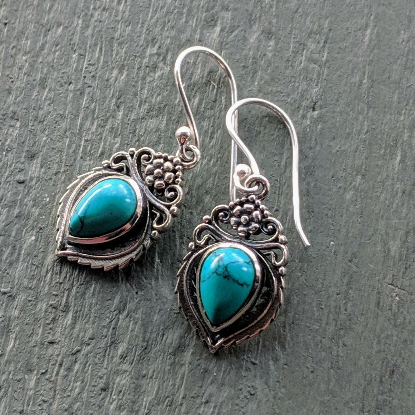Ornate Turquoise Solid 925 Sterling Silver Stamped hook Earrings boho chic