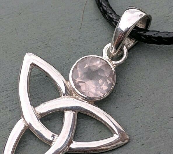 Large 925 Sterling Silver Triquetra & Faceted Rose Quartz Pendant Pagan Wicca