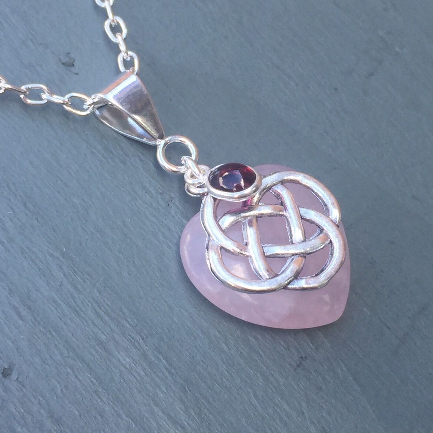 Rose Quartz Heart & Garnet 4 Element Celtic Knot Pendant Chakra Wicca Necklace