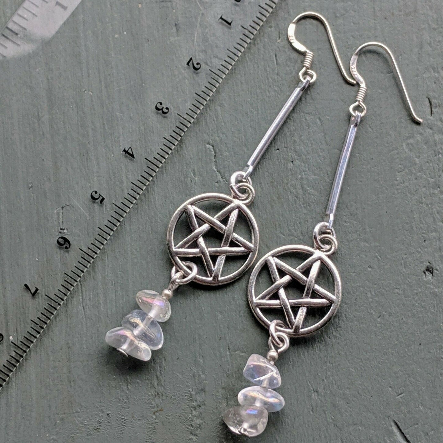 Opal Aura Quartz Pentagram Costume Earrings with 925 Sterling Silver Hooks