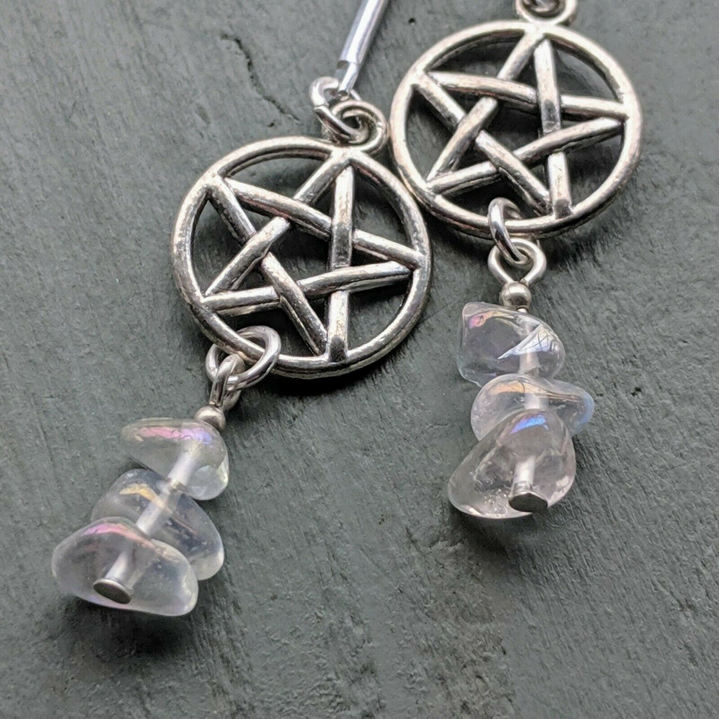 Opal Aura Quartz Pentagram Costume Earrings with 925 Sterling Silver Hooks