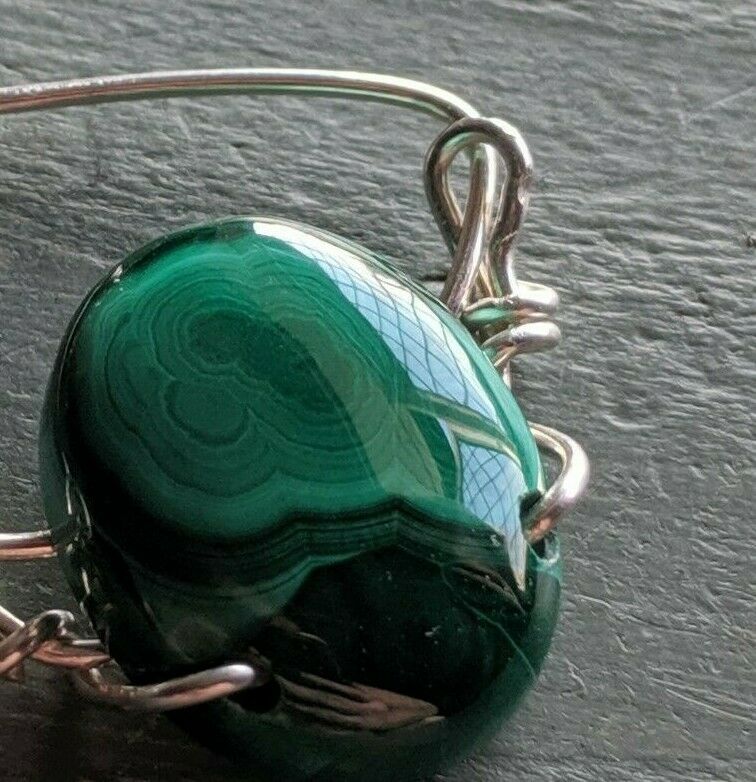 Handmade 925 Sterling Silver malachite wire wrap Pendant necklace - Box & chain