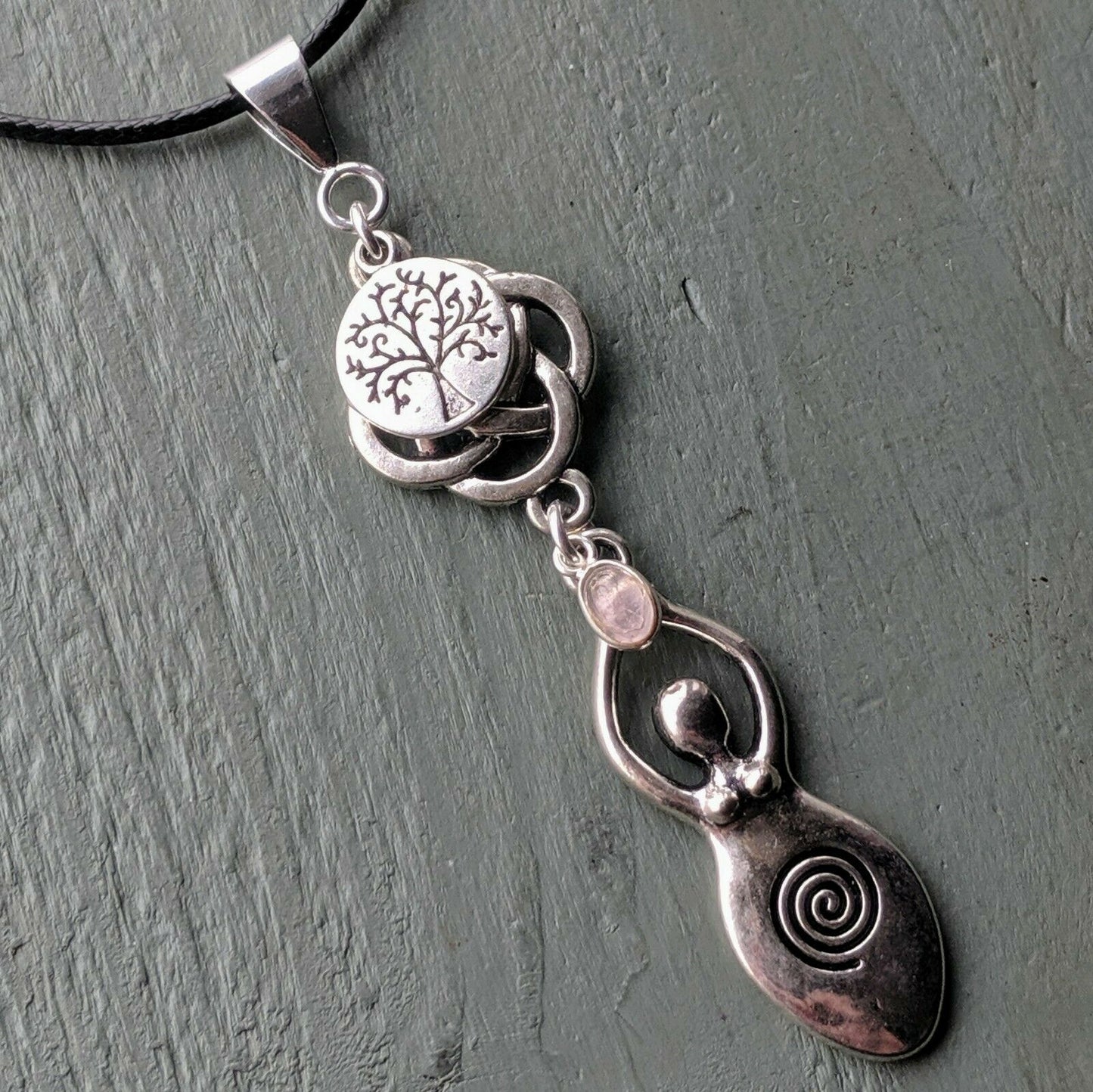 Celtic Knot Tree of Life & Rose Quartz Large Goddess Pendant Chakra Wicca Pagan