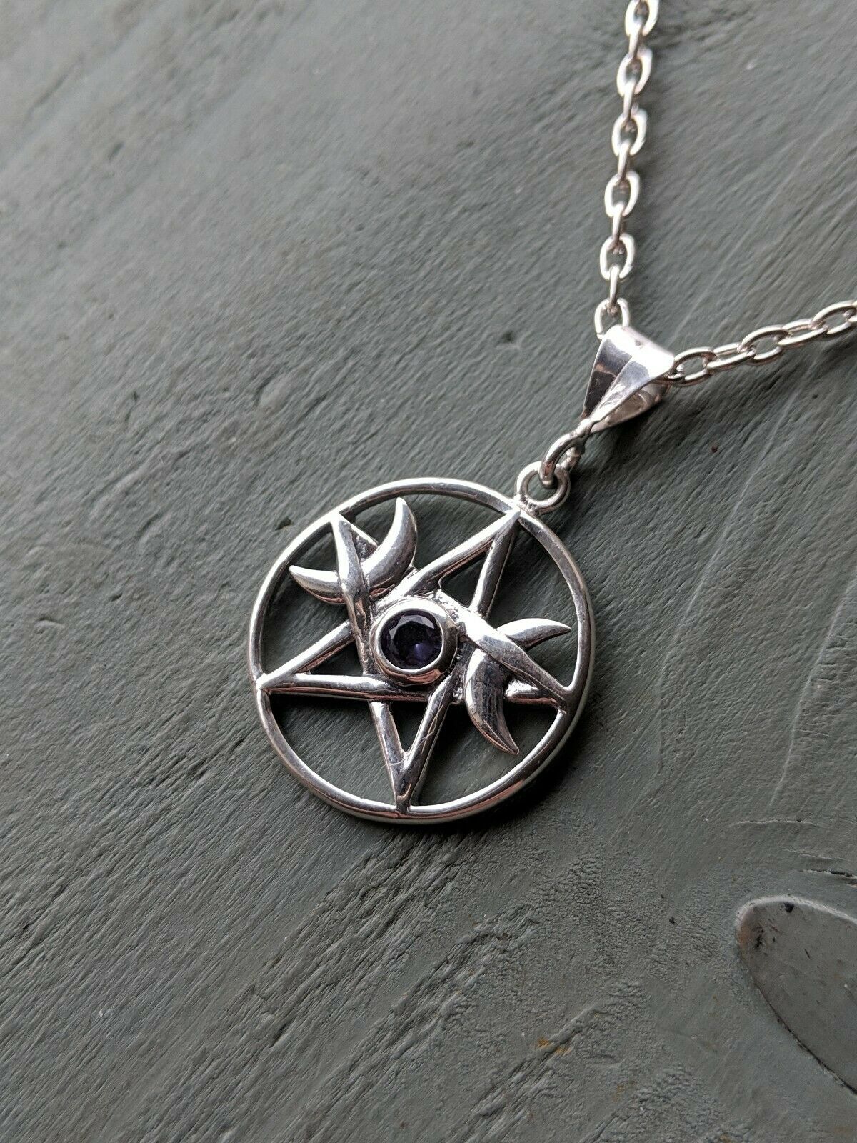 Solid 925 Sterling Silver Faceted Amethyst Pentagram Triple Moon Pendant Wicca