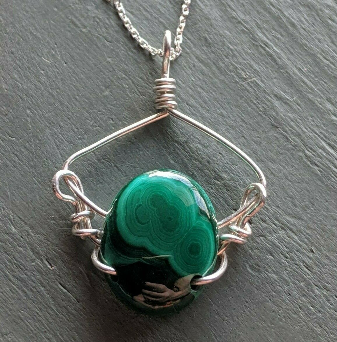 Handmade 925 Sterling Silver malachite wire wrap Pendant necklace - Box & chain