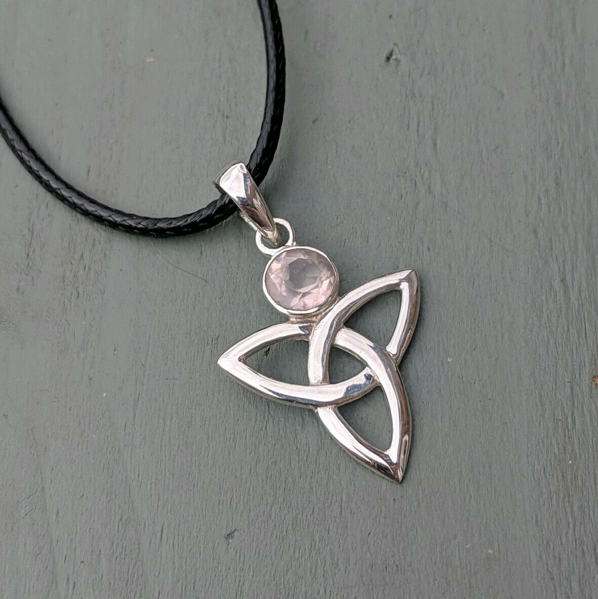 Large 925 Sterling Silver Triquetra & Faceted Rose Quartz Pendant Pagan Wicca