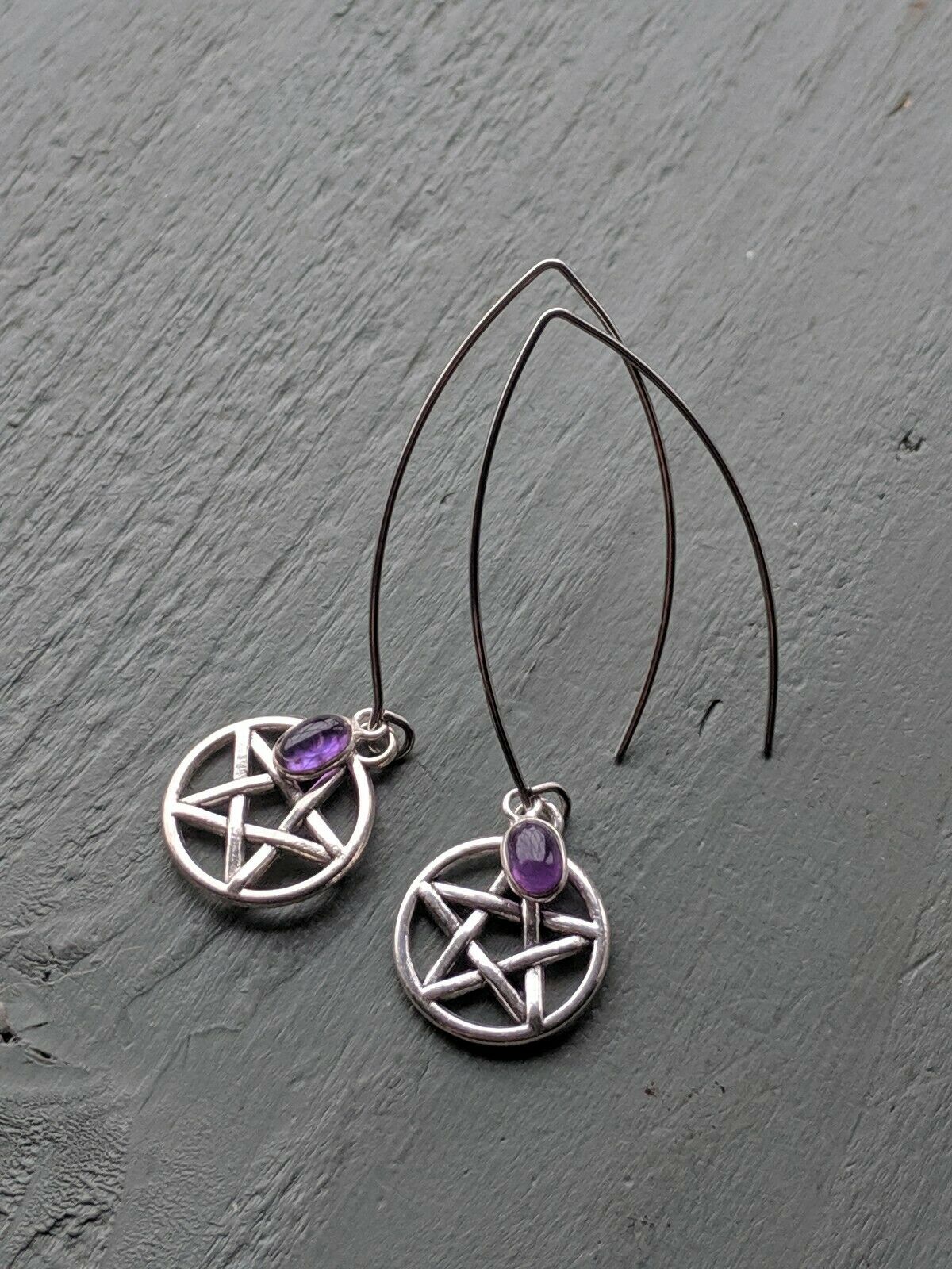 Long Amethyst and Pentagram Costume Earrings